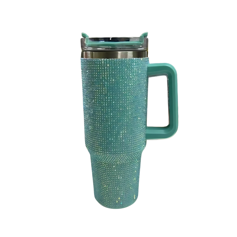 Copo Térmico Glamour com Strass 1200ml Inox Tampa Vedada e Canudo