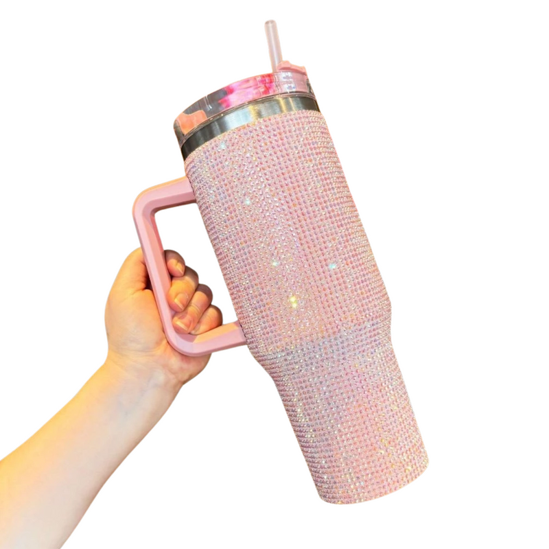 Copo Térmico Glamour com Strass 1200ml Inox Tampa Vedada e Canudo