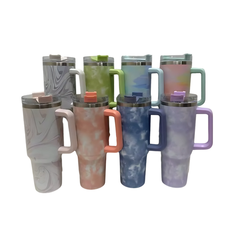 Copo Térmico com Estampa Mármore Colorido 1200ml Canudo e Tampa Hermética