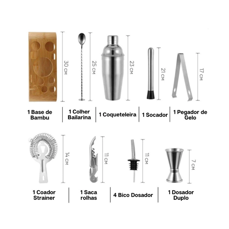 Kit Bartender Profissional Coqueteleira 12 Peças em Aço Inox Para Drinks e Coquetéis