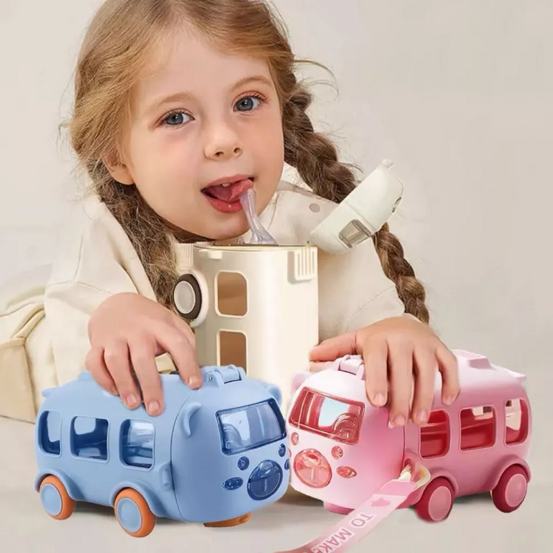 Garrafa Infantil De Água com Canudo de 500ML Formato de Ônibus Urso Com Alça