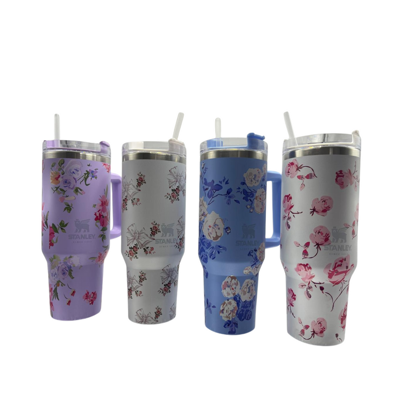 Copo Garrafa Térmica Estampa Floral 1200ml Com Tampa Acrílica Canudo