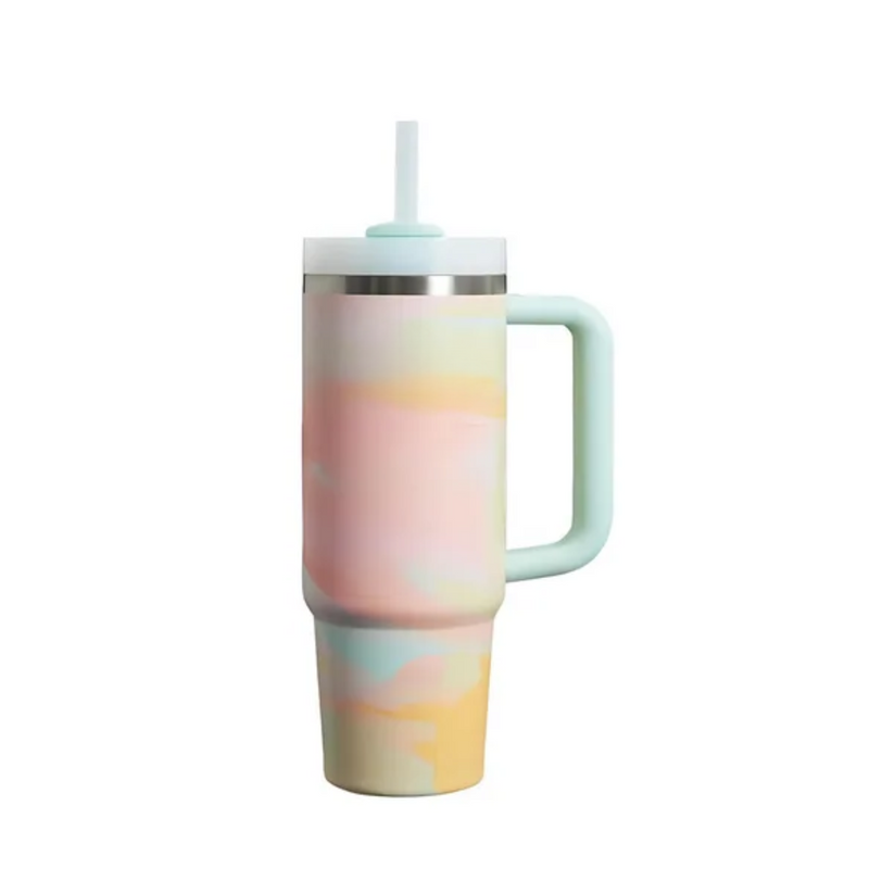 Copo Térmico com Estampa Mármore Colorido 1200ml Canudo e Tampa Hermética
