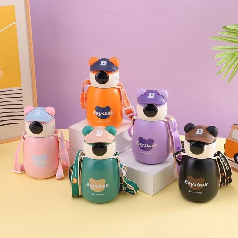Garrafa Infantil 500ml Urso Com Canudo Alça Adesivos Para Decorar