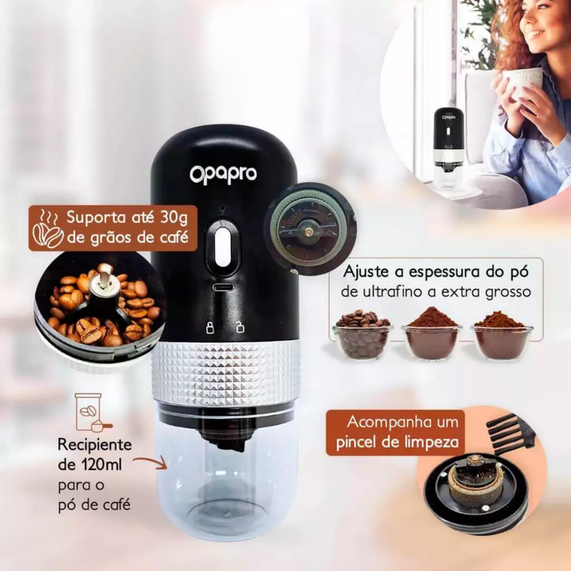 Moedor de Café Portátil com Ajuste de Moagem e Bateria Recarregável