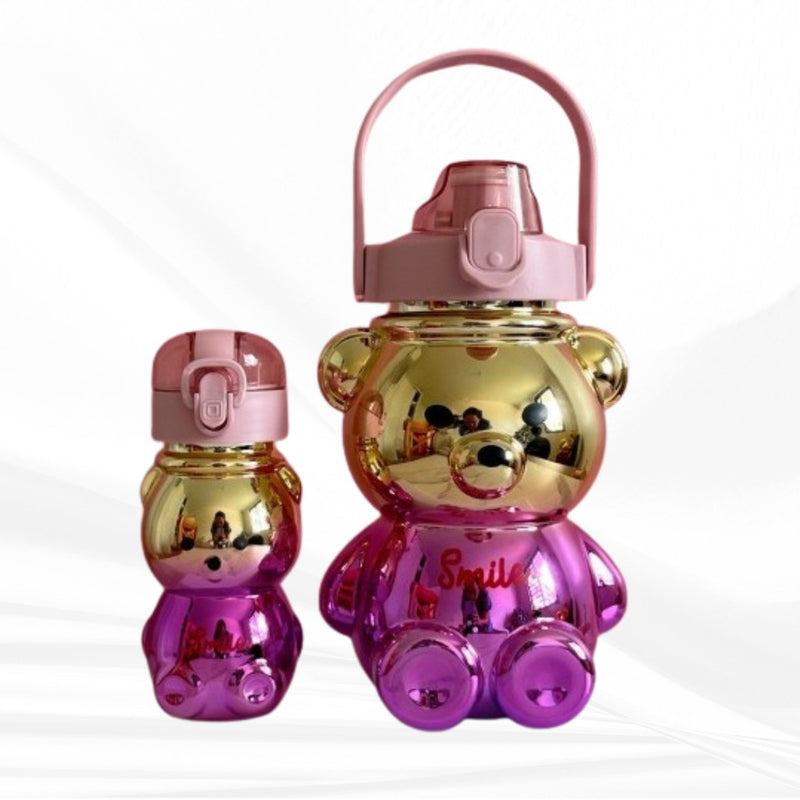 Kit Garrafas Ursinho Infantil Com Alças 1L + 200ml Canudo e Adesivos Fofo
