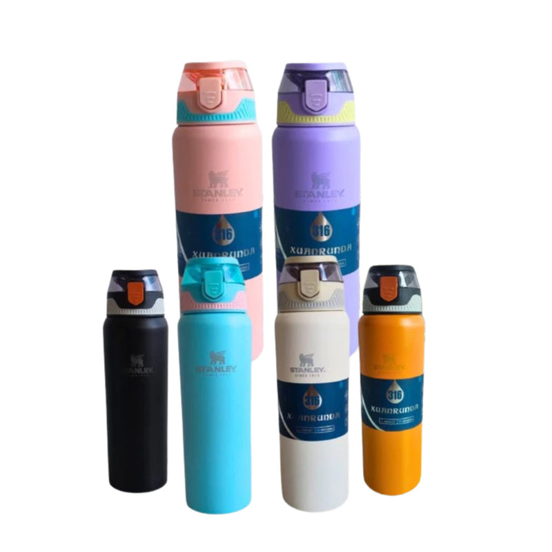 Garrafa Térmica Colorida 800ml Com Alça, Canudo, Tampa Fast Click e Fundo Emborrachado