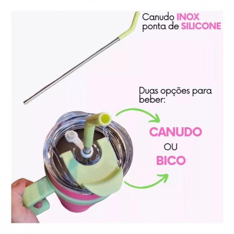 Copo Garrafa Térmica 1200ml Com Adesivos e Canudo Inox Proteção Silicone