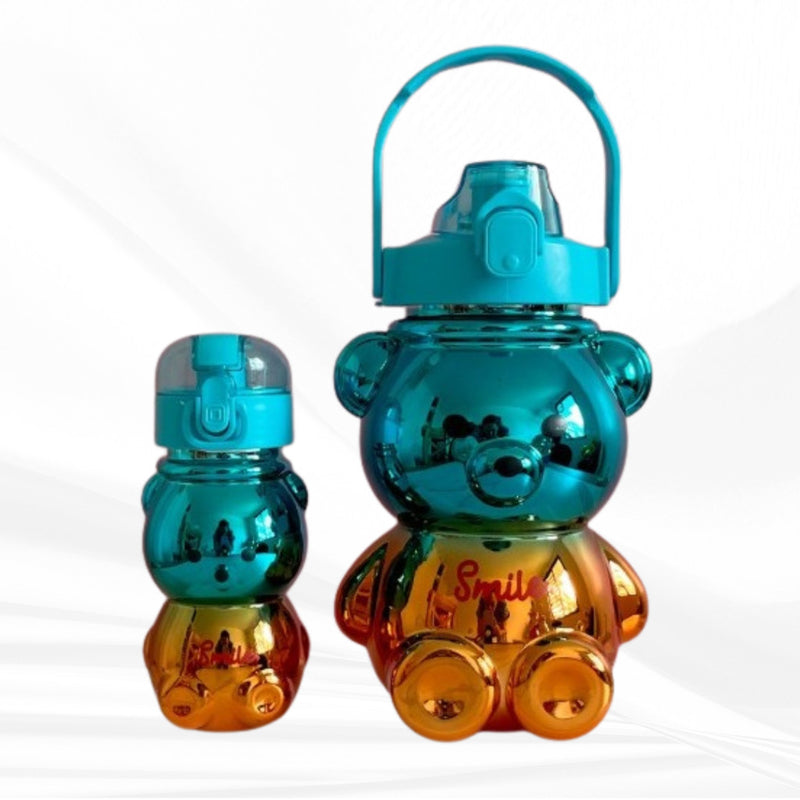 Kit Garrafas Ursinho Infantil Com Alças 1L + 200ml Canudo e Adesivos Fofo