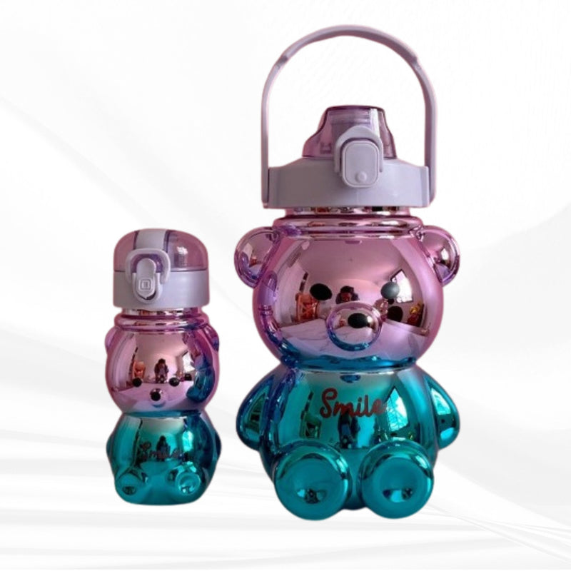 Kit Garrafas Ursinho Infantil Com Alças 1L + 200ml Canudo e Adesivos Fofo